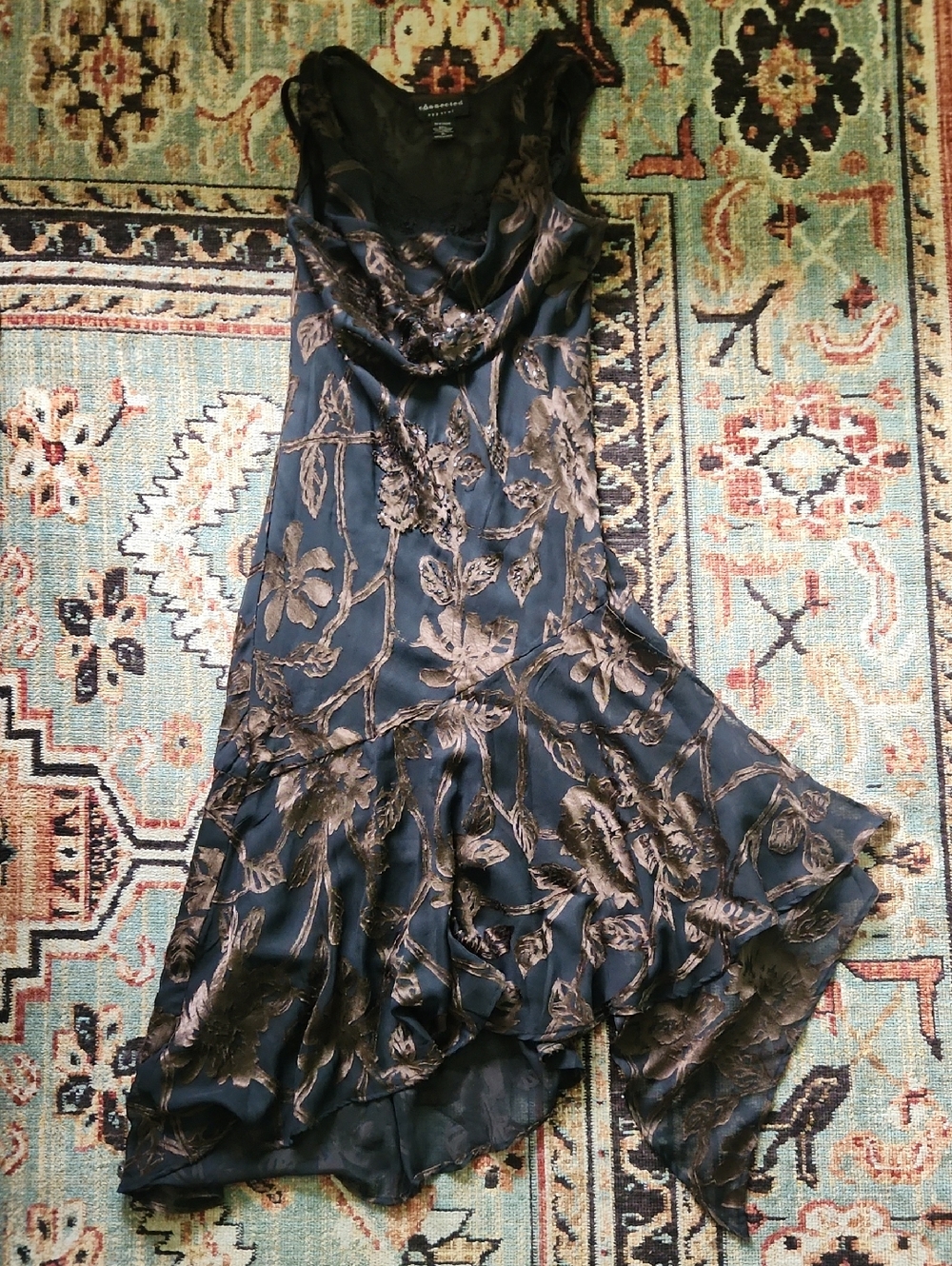 Connected Black and Bronze Floral Asymmetrical Cowl Dress